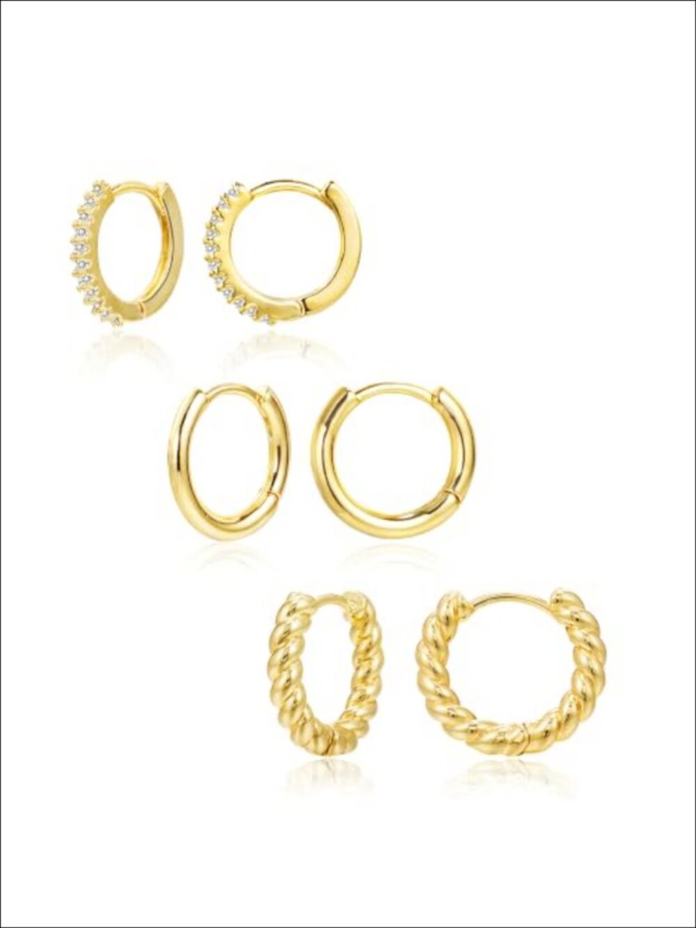 14k Gold Plated Brass Huggie Hoop Earrings Set 3 Pairs Cubic Zirconia